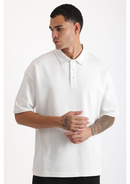 Yaka ve Kol Dikiş Detaylı Double Pike Kumaş Loose Fit Erkek Polo Yaka Tişört