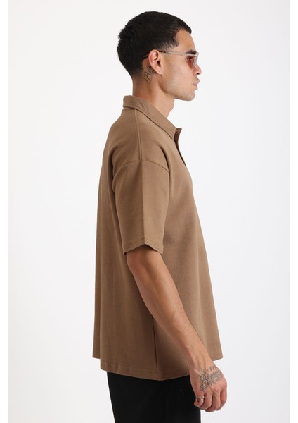 Yaka ve Kol Dikiş Detaylı Double Pike Kumaş Loose Fit Erkek Polo Yaka Tişört fiyatları
