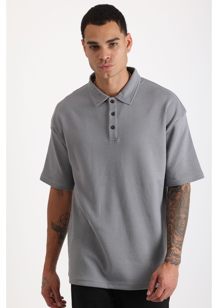 Yaka ve Kol Dikiş Detaylı Double Pike Kumaş Loose Fit Erkek Polo Yaka Tişört