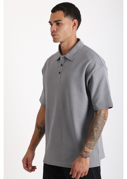 Yaka ve Kol Dikiş Detaylı Double Pike Kumaş Loose Fit Erkek Polo Yaka Tişört