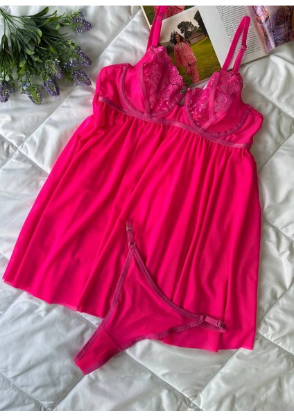 Pembe Dantel Detaylı Balenli Tül Askılı Gecelik Elbise, Babydoll indirimleri