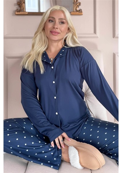 Lacivert Puan Desenli Bambu Önden Düğmeli Uzun Kol Kadın Pijama Takımı