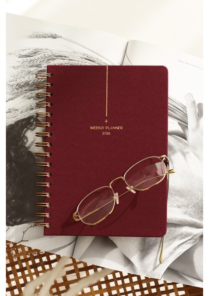 2026 Yılı A5 Keten Ajanda Spiralli 15X21 cm - 12 Aylık Bordo