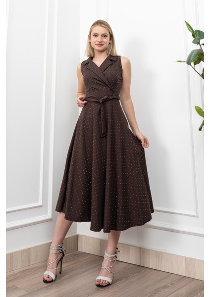 Beli Kuşaklı Yakalı ve Taş Detaylı Uzun Elbise 50338