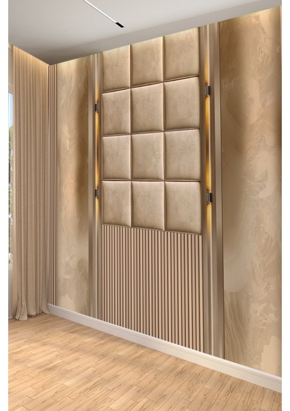 Bej Kare Panel Desenli Tek Parça Tekstil Duvar Kağıdı