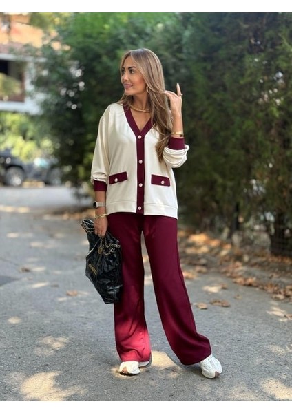 Kadın Uzun Kollu Ribanali Cep Detay Hırka ve Bol Paça Pantolon Ikili Takım fiyatları