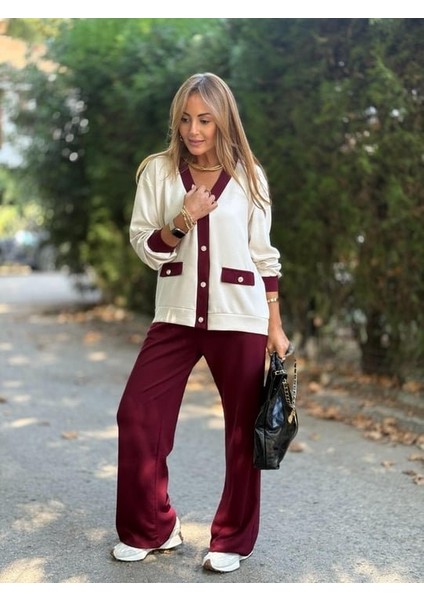 Kadın Uzun Kollu Ribanali Cep Detay Hırka ve Bol Paça Pantolon Ikili Takım fırsatları