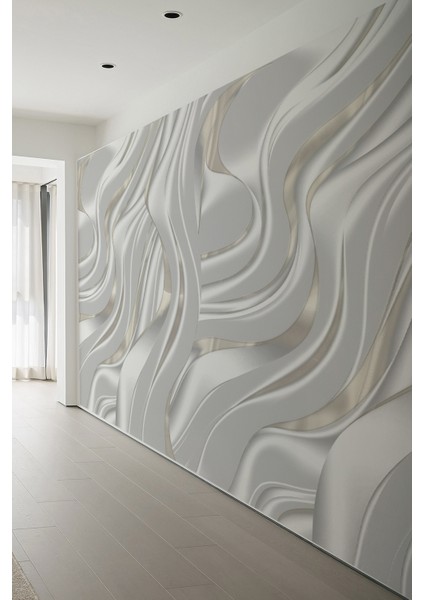 Ipeksi Dalga Desenli Beyaz Gümüş 3D Tekstil Duvar Kağıdı