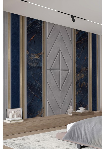 Lacivert Mermer & Gri Panel Desenli Tekstil Duvar Kağıdı