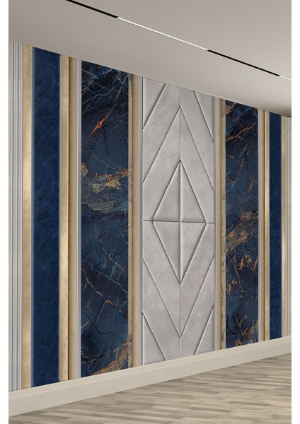 Lacivert Mermer & Gri Panel Desenli Tekstil Duvar Kağıdı fiyatları