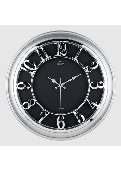 Duvar Saati Gümüş Gri Çerçeveli Içi Siyah 45CM Kabartma Rakamlı Selefon Korumalı Amerikan Bristol Kadran Metalik Akrep/yelkovan/saniye Akar Saniyeli Mekanizma Akrilik Boya Abs Hammadde Mineral Cam