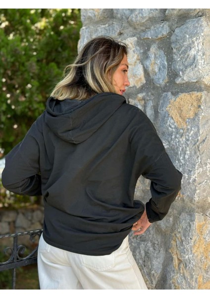 NC56152 Italyan Leopar Baskılı Kapüşonlu Sweatshirt Siyah