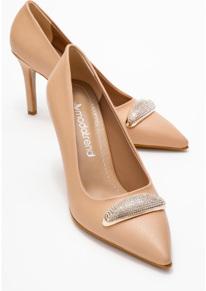 Taşlı Kadın Stiletto Ayakkabı Ten Cilt