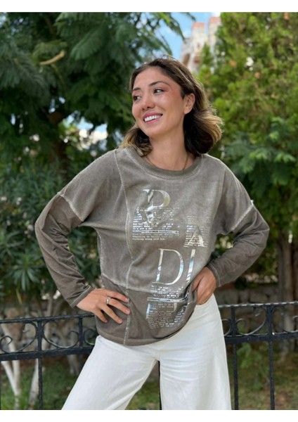 NC8533 Italyan Padi Yazılı Coton Sweatshirt Vizon