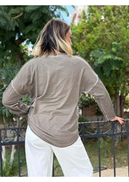 NC8533 Italyan Padi Yazılı Coton Sweatshirt Vizon fırsatları