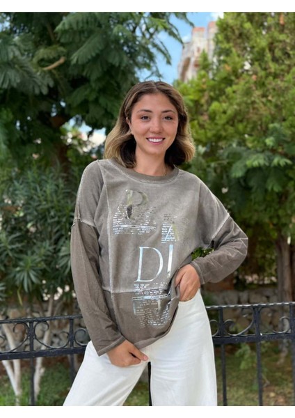 NC8533 Italyan Padi Yazılı Coton Sweatshirt Vizon