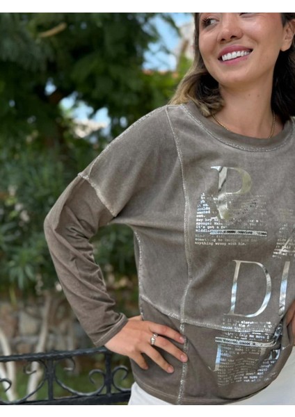 NC8533 Italyan Padi Yazılı Coton Sweatshirt Vizon