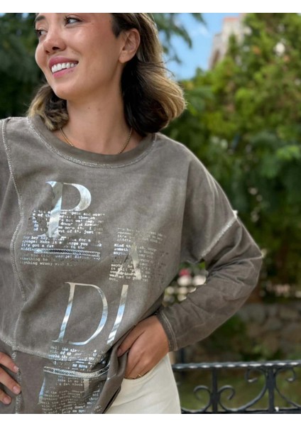 NC8533 Italyan Padi Yazılı Coton Sweatshirt Vizon
