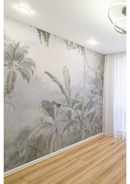 Yeşil Gri Tropikal Orman Manzaralı Tekstil Duvar Kağıdı