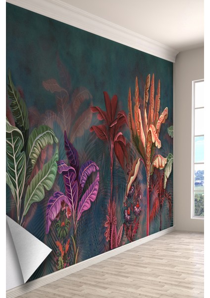 Koyu Yeşil Fon Renkli Tropikal Yaprak Desenli Tek Parça Silinebilir Tekstil Duvar Kağıdı