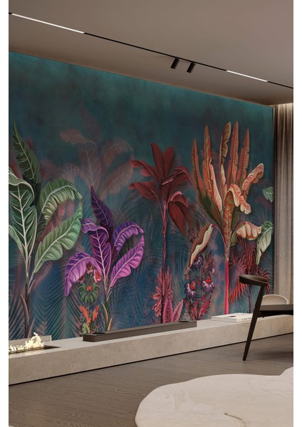 Koyu Yeşil Fon Renkli Tropikal Yaprak Desenli Tek Parça Silinebilir Tekstil Duvar Kağıdı fiyatları