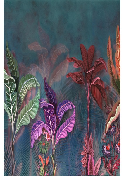 Koyu Yeşil Fon Renkli Tropikal Yaprak Desenli Tek Parça Silinebilir Tekstil Duvar Kağıdı modelleri