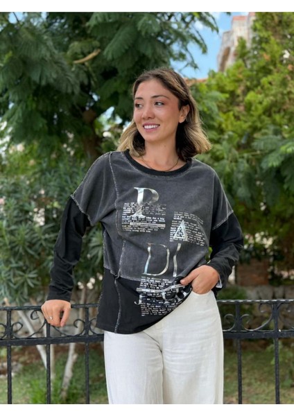 NC8533 Italyan Padi Yazılı Coton Sweatshirt Füme