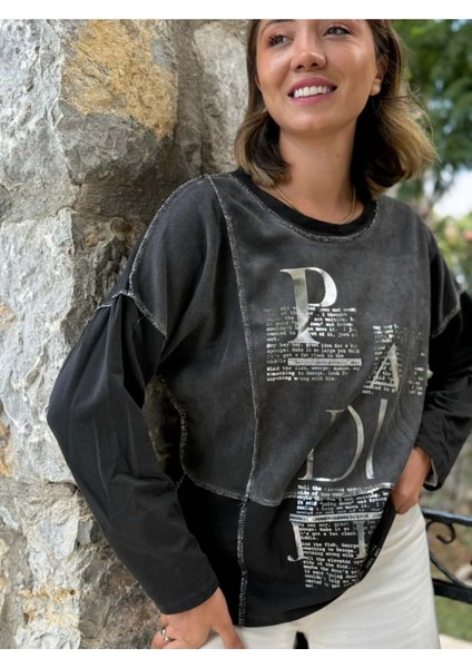 NC8533 Italyan Padi Yazılı Coton Sweatshirt Füme fiyatları