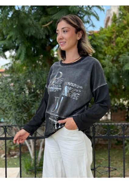 NC8533 Italyan Padi Yazılı Coton Sweatshirt Füme