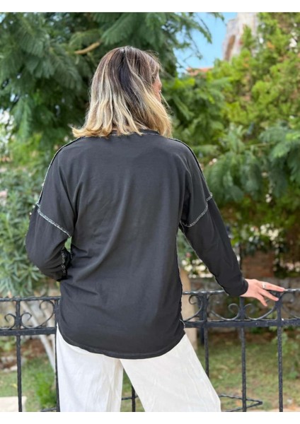 NC8533 Italyan Padi Yazılı Coton Sweatshirt Füme