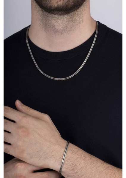 Gümüş Pazarım Tilki Kuyruğu 925 Ayar Gümüş Erkek Zincir Bileklik Kolye Kombini