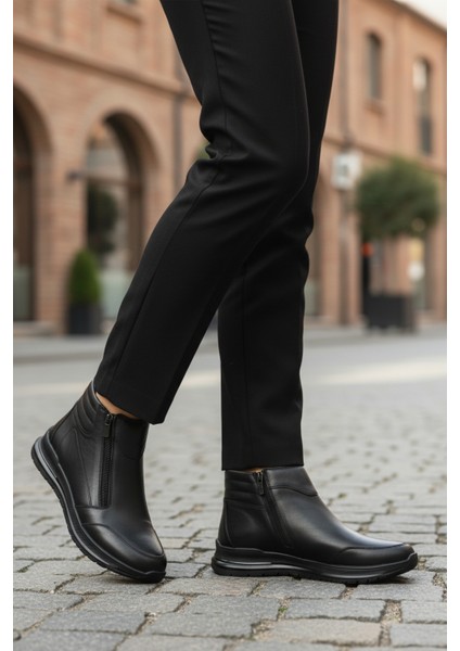 Siyah Hakiki Deri Fermuarlı Kaymaz Taban Kadın Bot 2004 Z modelleri
