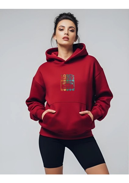 1990'S Tasarım Baskılı Siyah Oversize Unisex Kapüşonlu Sweatshirt Hoodie