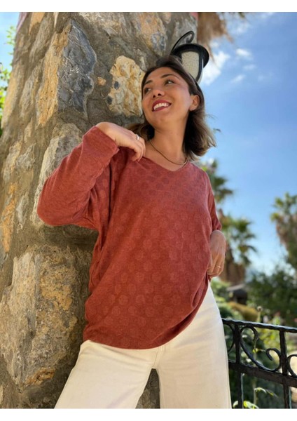 NC20662 Italyan Kendinden Desenli V Yaka Triko Bluz Kiremit fiyatları