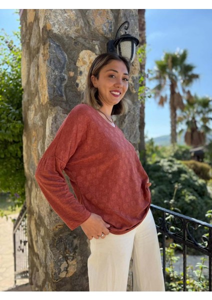 NC20662 Italyan Kendinden Desenli V Yaka Triko Bluz Kiremit modelleri