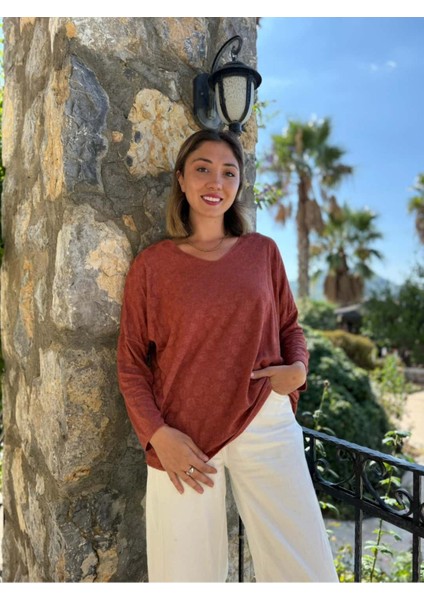 NC20662 Italyan Kendinden Desenli V Yaka Triko Bluz Kiremit fırsatları