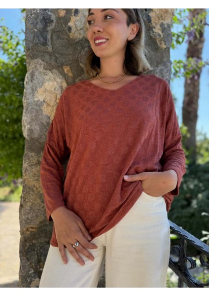 NC20662 Italyan Kendinden Desenli V Yaka Triko Bluz Kiremit indirimleri