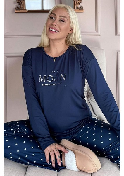 Lacivert Moon Desenli Bambu Uzun Kol Kadın Pijama Takımı