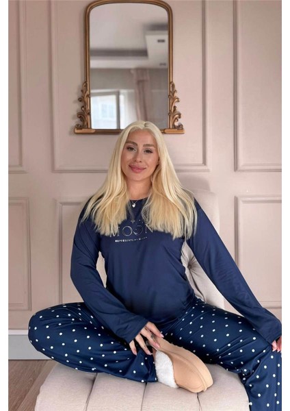 Lacivert Moon Desenli Bambu Uzun Kol Kadın Pijama Takımı fiyatları