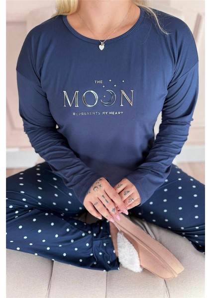 Lacivert Moon Desenli Bambu Uzun Kol Kadın Pijama Takımı fırsatları