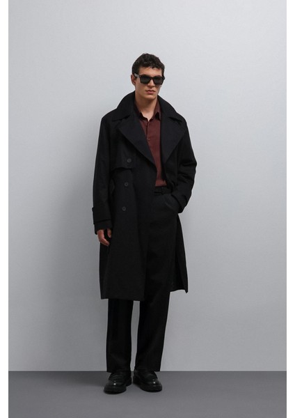 Siyah Relax Fit Erkek Trençkot