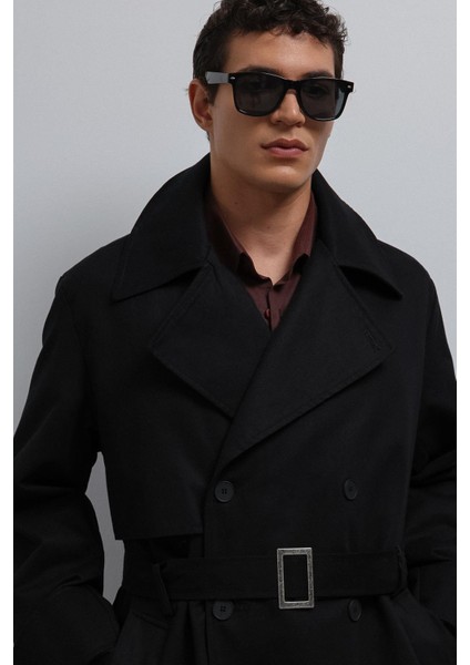 Siyah Relax Fit Erkek Trençkot fırsatları