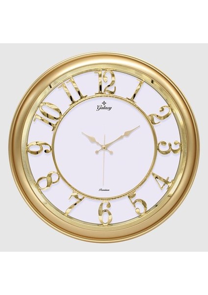 Duvar Saati Altın Sarısı Çerçeveli Içi Beyaz 45CM Kabartma Rakamlı Selefon Korumalı Amerikan Bristol Kadran Metalik Akrep/yelkovan/saniye Akar Saniyeli Mekanizma Akrilik Boya Abs Hammadde Mineral Cam