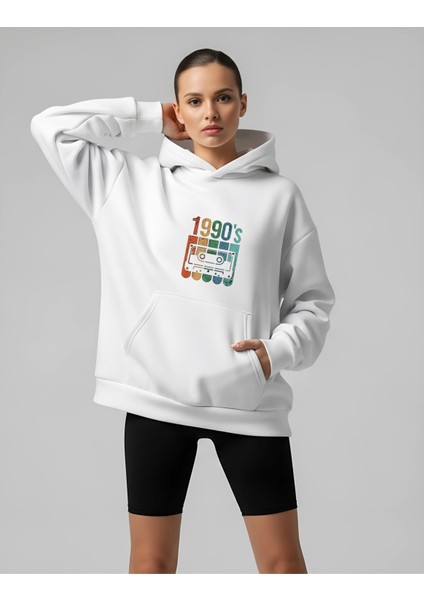 1990'S Tasarım Baskılı Siyah Oversize Unisex Kapüşonlu Sweatshirt Hoodie
