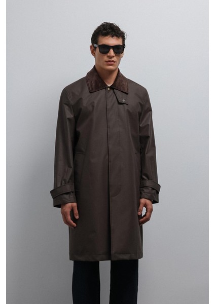 Kahve Kontrast Yaka Teknik Erkek Trençkot
