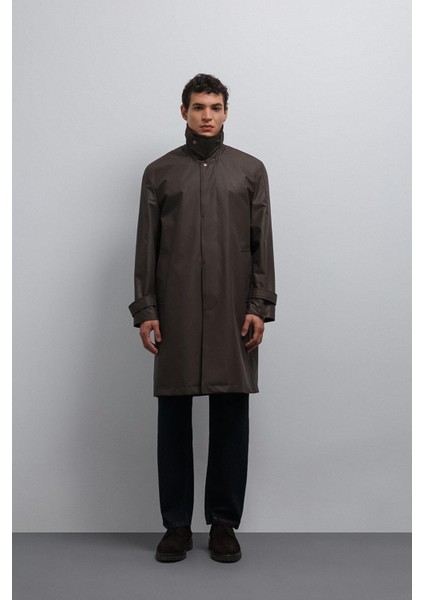 Kahve Kontrast Yaka Teknik Erkek Trençkot modelleri