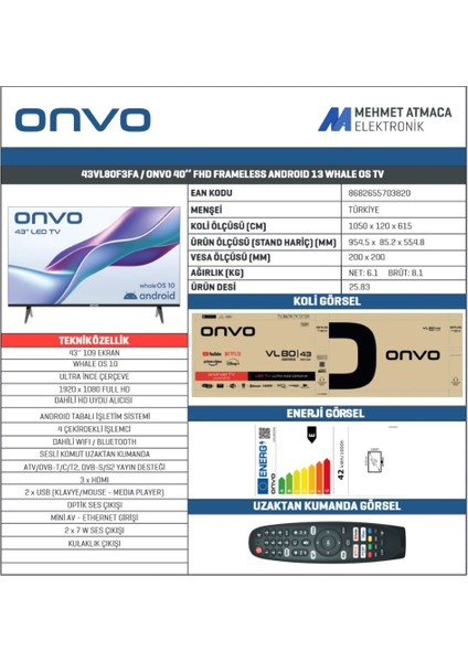 43VL80F3FA 43'' 109 Ekran Uydu Alıcılı Full HD WhaleOS LED TV modelleri