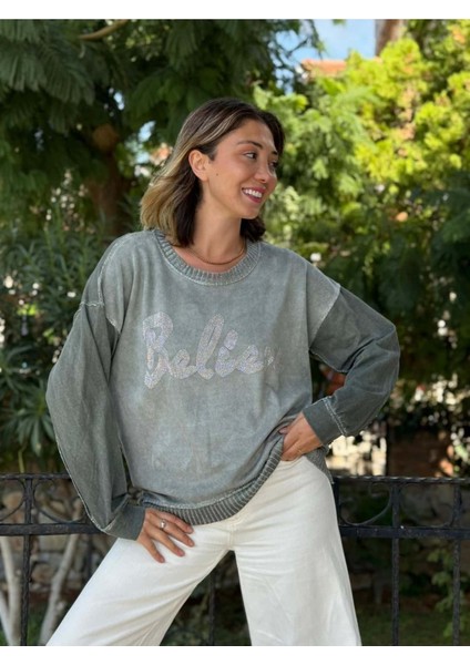 NC58939 Italyan Believe Taşlı Sweatshirt Haki