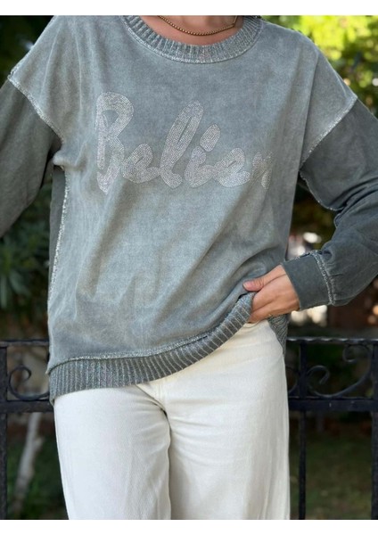 NC58939 Italyan Believe Taşlı Sweatshirt Haki fiyatları