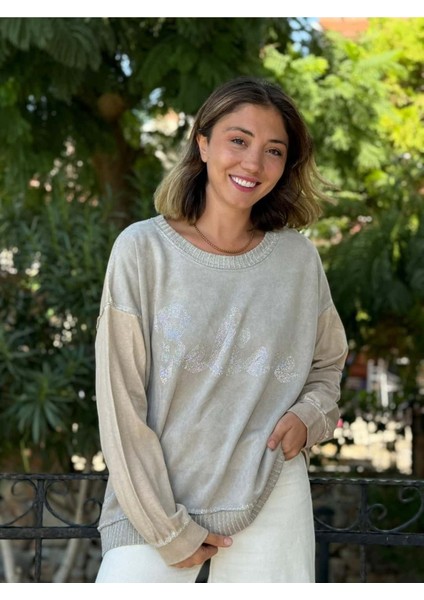 NC58939 Italyan Believe Taşlı Sweatshirt Haki